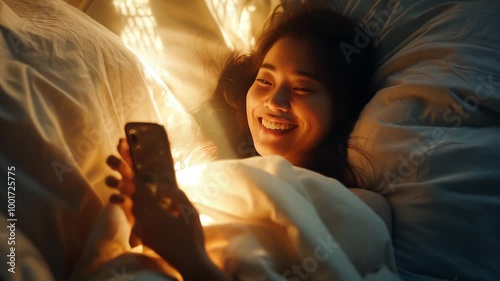 Woman smiling while scrolling through her phone in bed at night