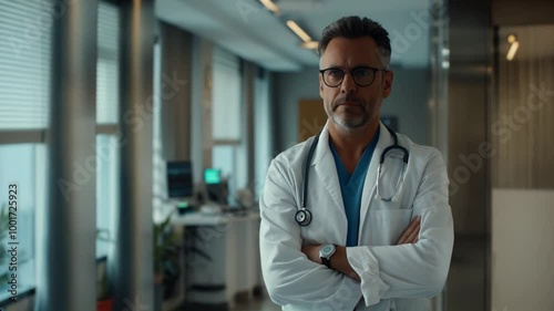 Male doctor standing confidently in a modern clinic hospital room