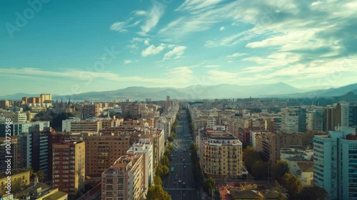 Aerial view of a modern city skyline on a sunny day in Spain