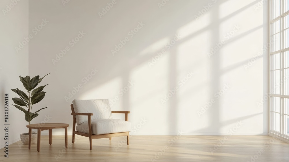 Minimalist Living Room Interior with White Wall, Sofa, Armchair, and Cozy Home Decor