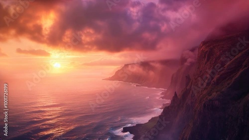 Sunset over the ocean with a glowing sky and cliffside