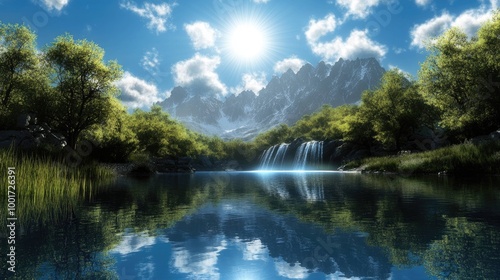 A serene mountain lake with a waterfall cascading down a rocky cliff, framed by lush green trees and a blue sky with fluffy clouds. The sun shines brightly, reflecting off the water.