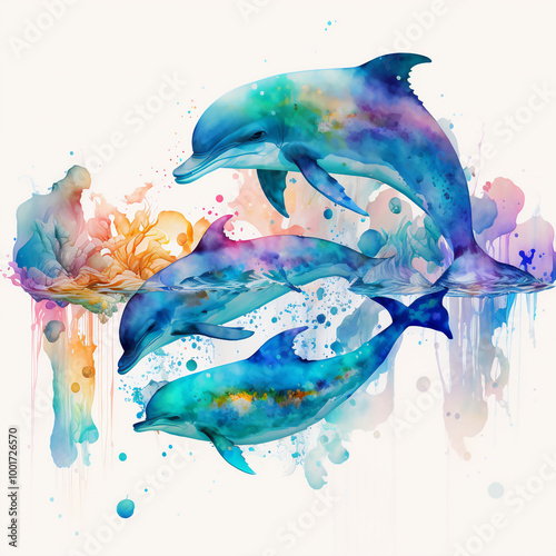 Adorn your wall with a multicolor dolphin watercolor featuring a captivating Underwater Artwork