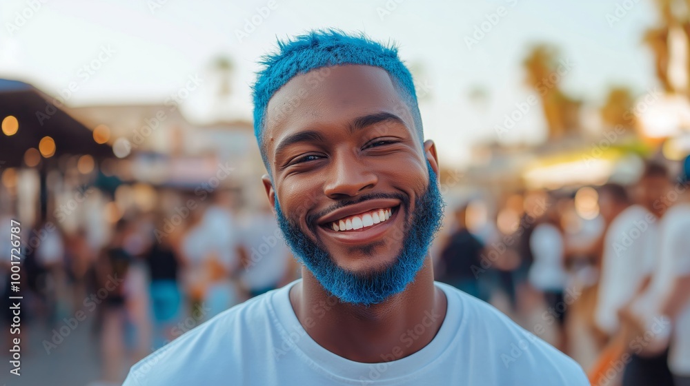 A cheerful and smiling man with bright blue hair stands out in a vibrant outdoor market A cheerful and smiling man with bright blue hair stands out in a vibrant outdoor market