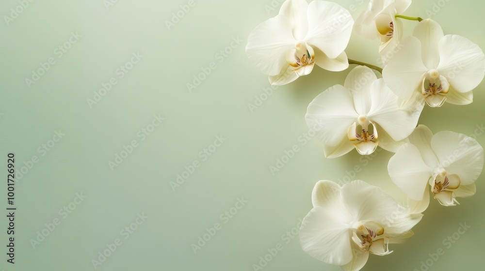 Fototapeta premium Delicate White Orchids on Soft Green Background