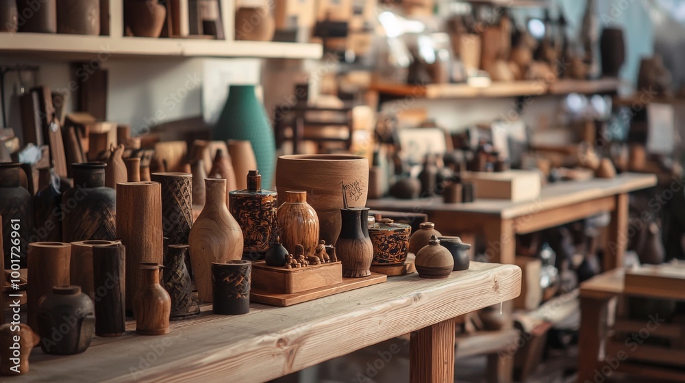 Handcrafted wooden pottery in an artisan workshop Handcrafted wooden pottery in an artisan workshop