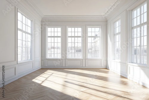 Wallpaper Mural Minimalist Interior Design with Sunlight. Contemporary White Room with Open Space and Wooden Floor Torontodigital.ca