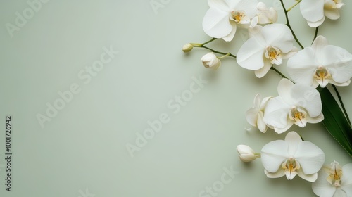 Delicate White Orchids on Soft Olive Green Background