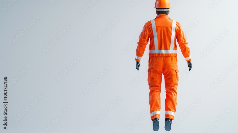 A person in an orange safety suit is floating against a light background, emphasizing work in hazardous environments or the concept of safety. A person in an orange safety suit is floating against a light background, emphasizing work in hazardous environments or the concept of safety.