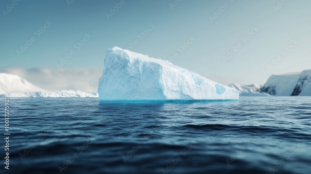 Iceberg partially submerged in calm waters against a mountainous, snowy backdrop at dawn Iceberg partially submerged in calm waters against a mountainous, snowy backdrop at dawn