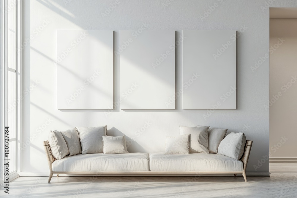 Modern Home Interior Design: Three Empty Canvases Adorning White Corridor Wall Modern Home Interior Design: Three Empty Canvases Adorning White Corridor Wall