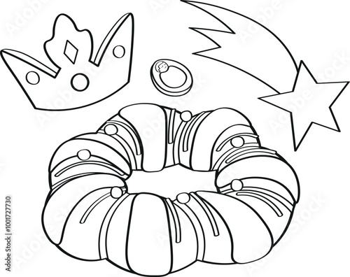 Rosca de reyes, king cake coloring page for kids. Black and white vector illustration of latin epiphany cake.