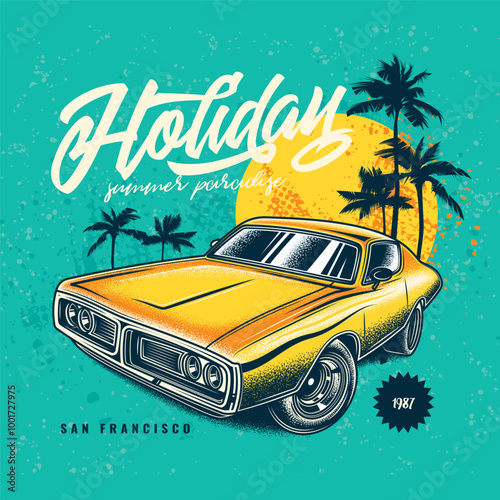 Original vector illustration in vintage style. Vintage car on the background of palm trees and the sun.