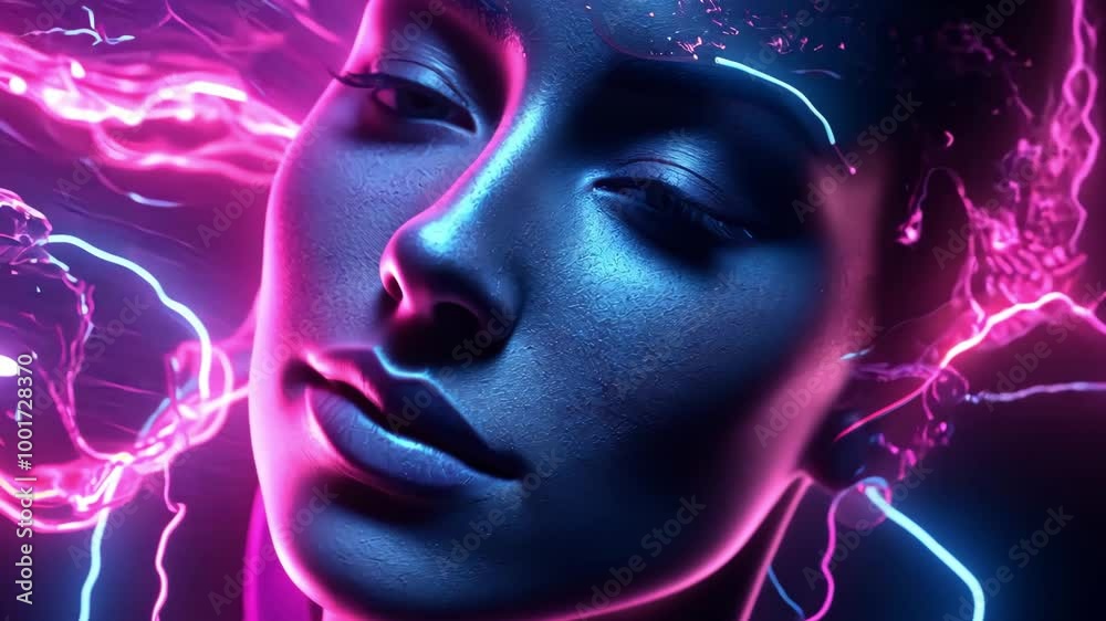 Close-up of a woman's face with neon light effects and futuristic makeup - concept of cosmetology of the future Close-up of a woman's face with neon light effects and futuristic makeup - concept of cosmetology of the future