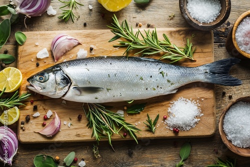 Freshly Caught Fish on a Rustic Wooden Cutting Board, with Sea Salt and Herbs Scattered Around, Preparing for a Homemade Meal