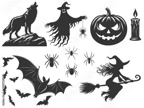 Halloween silhouettes. Vector collection of spooky elements: bats, sinister pumpkins, howling wolf, witch on broomstick, spiders, witche and ghost. Halloween set for posters, and social media.