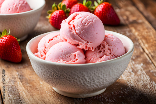 Strawberry ice-cream on a bowl close view, Generated by Ai