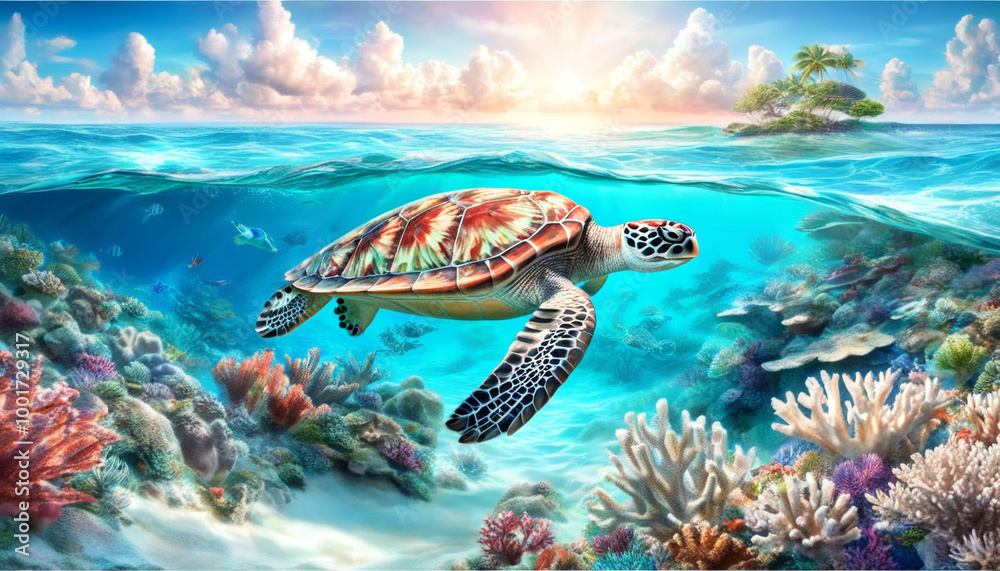 Sea turtle splashes on the seabed with corals Sea turtle splashes on the seabed with corals