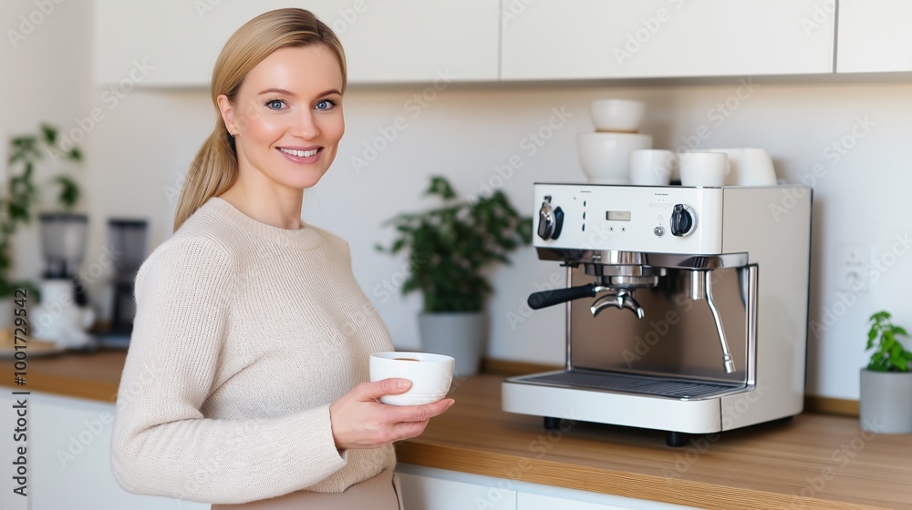 Modern young woman standing in her minimalist, stylish kitchen next to a bright coffee machine, holding a cup of coffee. Emphasizing contemporary lifestyle and love for quality brews Modern young woman standing in her minimalist, stylish kitchen next to a bright coffee machine, holding a cup of coffee. Emphasizing contemporary lifestyle and love for quality brews