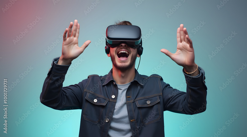 A young man using VR glasses, happy and excited making a winner gesture with arms raised over Isolated on a gray background studio portrait. VR, future, gadgets, technology, neon. Generative AI A young man using VR glasses, happy and excited making a winner gesture with arms raised over Isolated on a gray background studio portrait. VR, future, gadgets, technology, neon. Generative AI