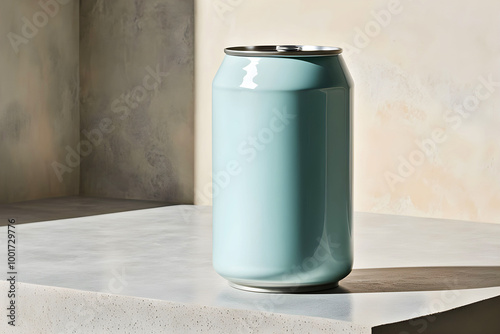 Pastel color soda or soft drink can on natural stone podium with a backdrop background, Generated by Ai