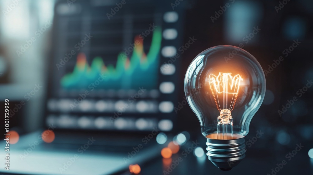 A glowing light bulb symbolizes innovation with financial growth data displayed in the background A glowing light bulb symbolizes innovation with financial growth data displayed in the background