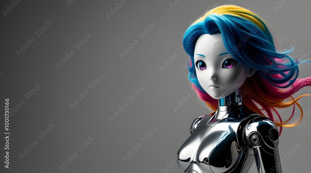 futuristic android girl with colorful hair on gray background futuristic android girl with colorful hair on gray background