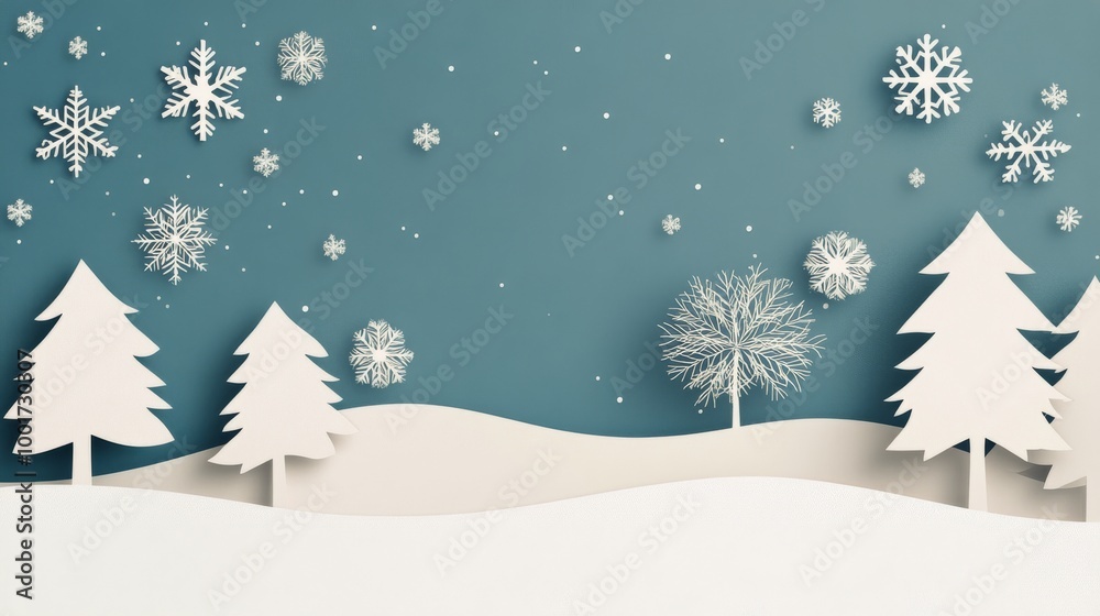 Winter landscape with snow-covered trees and falling snowflakes on a blue background Winter landscape with snow-covered trees and falling snowflakes on a blue background