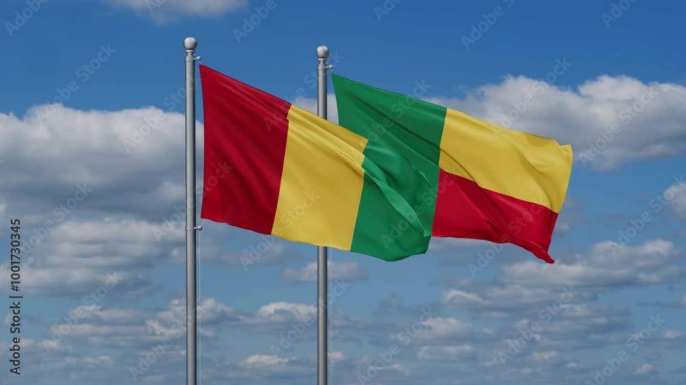 Guinea Conakry and Benin flags flying together, video concept of the relationship Guinea Conakry and Benin flags flying together, video concept of the relationship