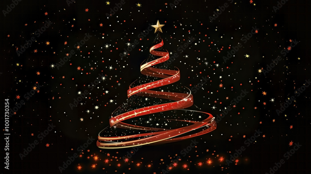 Elegant Red Ribbon Christmas Tree with Sparkling Starry Background. Elegant Red Ribbon Christmas Tree with Sparkling Starry Background.