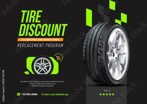 Tire discount. Tire car advertisement poster. Black rubber tire. Realistic vector shining disk car wheel tyre. Information. Store. Action.