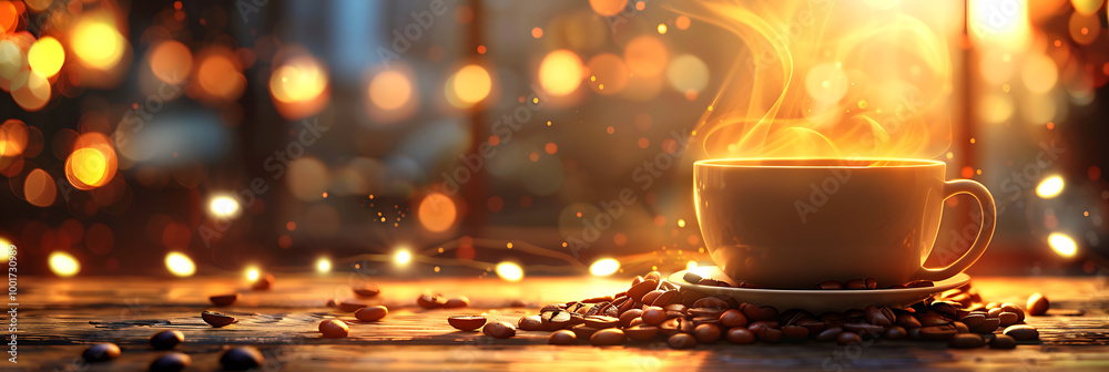 A steaming cup of coffee with fresh beans on the tab A steaming cup of coffee with fresh beans on the tab