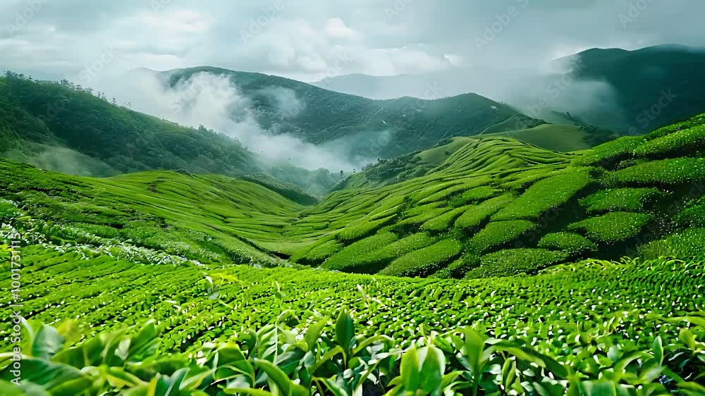 Vast green tea plantation fields covering misty mountain hills on a cloudy day, showing lush greenery and natural beauty in rural highlands, ideal for nature, agriculture, and travel concepts