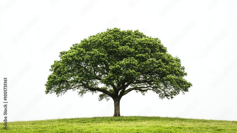 A solitary tree stands on a grassy hill against a white background. A solitary tree stands on a grassy hill against a white background.