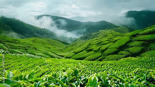 Vast green tea plantation fields covering misty mountain hills on a cloudy day, showing lush greenery and natural beauty in rural highlands, ideal for nature, agriculture, and travel concepts
