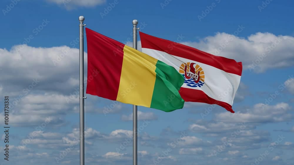 French Polynesia and Guinea Conakry flags flying together, video concept of the relationship, two country relations concept French Polynesia and Guinea Conakry flags flying together, video concept of the relationship, two country relations concept