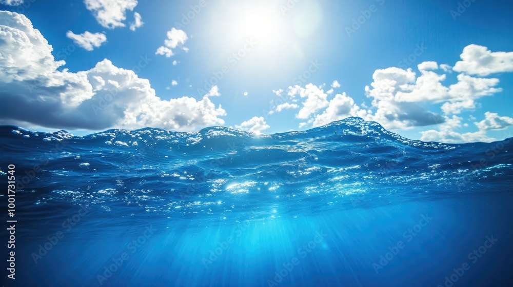 Fototapeta premium A split view of the ocean surface with waves and a blue sky with white clouds, a sunbeam shines through the water.