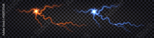 Glowing lightning thunder bolt, red and blue neon light glow effect, electric line cracks, dynamic impulse with flash burst strike. Isolated vector on transparent background