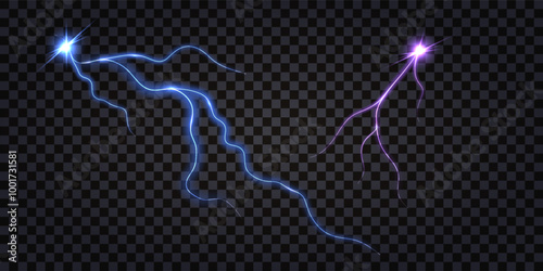 Lightning thunder bolt, glowing light cracks, electric discharge with flash explosion. Blue and purple luminous lines. Isolated on transparent background. Vector illustration