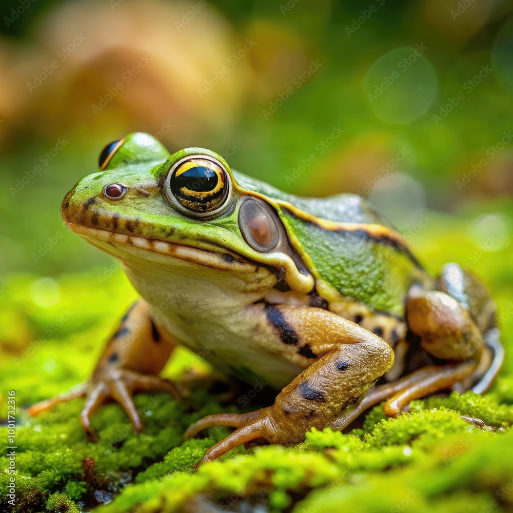 Frog resting on mossy ground in a vibrant natural setting. Generative AI Frog resting on mossy ground in a vibrant natural setting. Generative AI