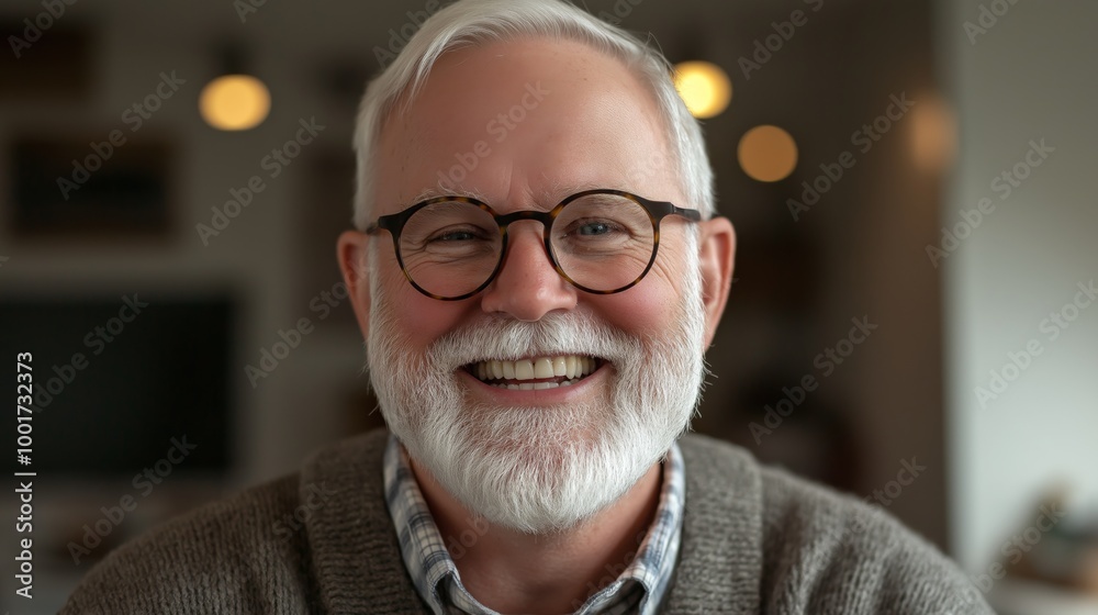 Mature White Man Smiling with Full White Beard and Glasses, Indoor Setting with Warm Lighting Mature White Man Smiling with Full White Beard and Glasses, Indoor Setting with Warm Lighting