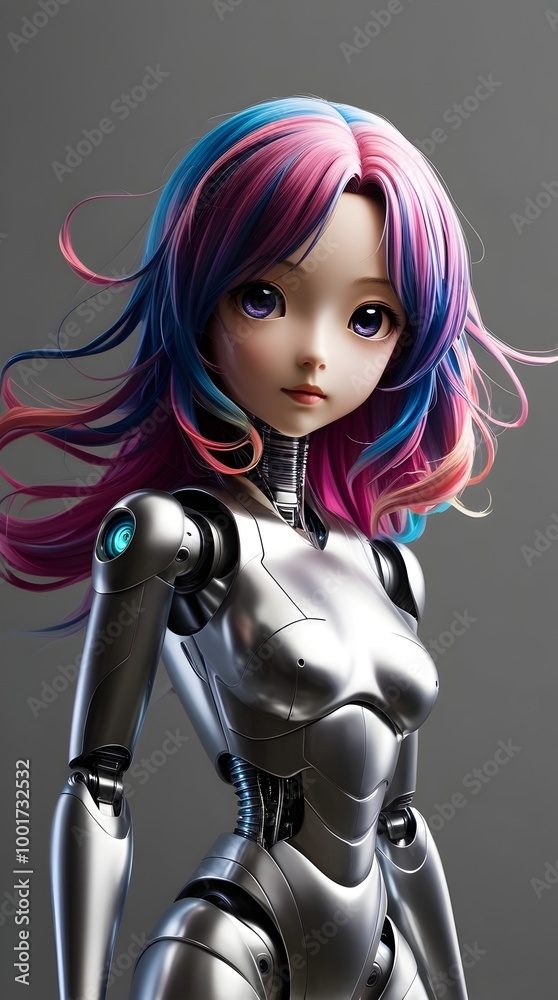 colorful-haired female android girl in 3d rendering colorful-haired female android girl in 3d rendering