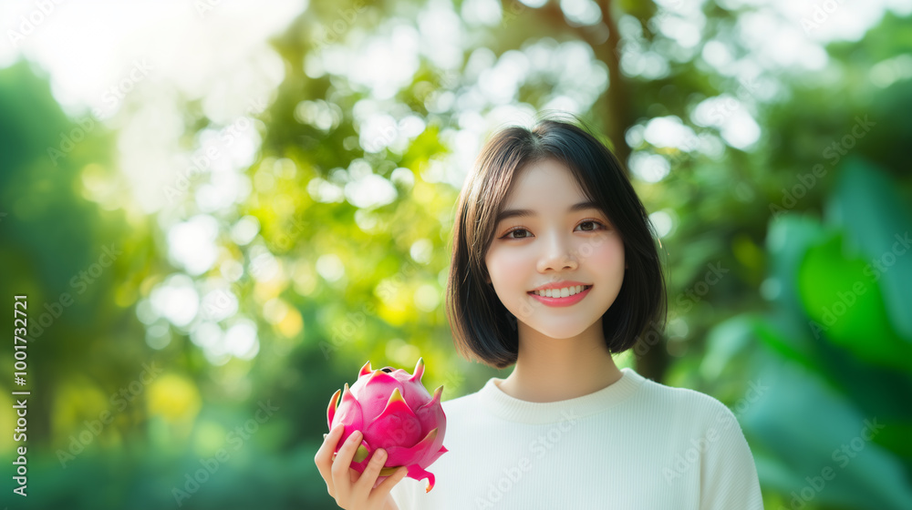 Asian woman from Thailand holding ripe dragon fruit in green park with copy space for text Asian woman from Thailand holding ripe dragon fruit in green park with copy space for text