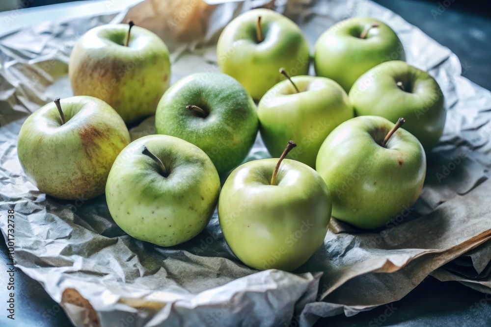 Explore a fresh collection of ten vibrant green apples arranged on crumpled paper. Generative AI Explore a fresh collection of ten vibrant green apples arranged on crumpled paper. Generative AI