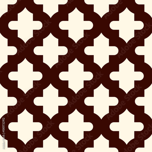 Seamless surface design with ogee ornament. Oriental traditional pattern with repeated mosaic tile. Tracery window wallpaper. Moroccan crosses motif. Arabesque digital paper, textile print. Vector art