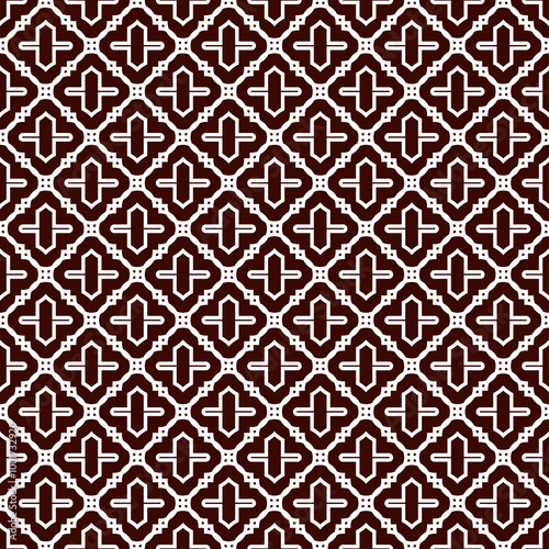 Seamless surface design with ogee ornament. Oriental traditional pattern with repeated mosaic tile. Tracery window wallpaper. Moroccan crosses motif. Arabesque digital paper, textile print. Vector art