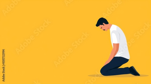 Man kneeling, head bowed, silent emotional suffering, flat design illustration, copy space for text,