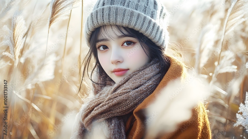 ススキの野原の中で微笑む日本人女性 ススキの野原の中で微笑む日本人女性