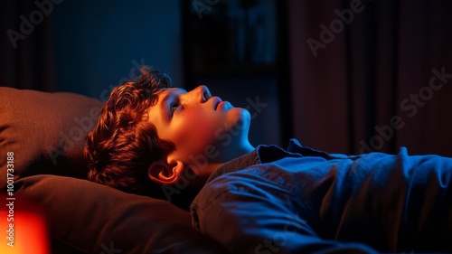 Teen boy lying on his back in a dark room, blank stare at the ceiling, low light, suicidal thoughts, mental health crisis, selective focus on foreground, ultra HD,