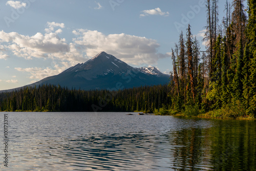 view of tall mountain in the distance in the shape of a pyramid in summer next to a lake with tall coniferous trees on the side of the lake